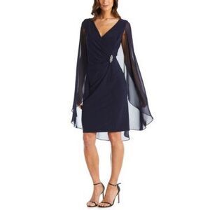 R & M Richards Plus Size Embellished Chiffon-Cape Dress - Navy Blue Size 22W